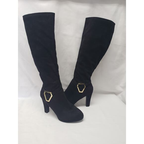 IMPO Stretch Black & Gold Suede Knee High Heeled Boots - Size 8 - Picture 11 of 11